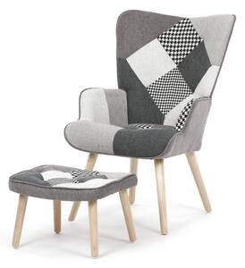 Relaxačné kreslo ušiak LISA + taburet — masív, látka, čiernobiely patchwork