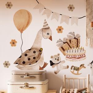 Detská nálepka na stenu Goose vintage birthday - húska s balónom a tortou