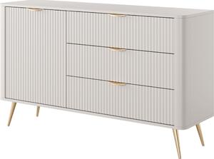 Komoda: 3 zásuvky, 1 dvierka, materiál: kašmír, zlaté nožičky, rozmer: 138 cm (výška), 2 x 81 cm (šírka), 2 x 38 cm (hĺbka)