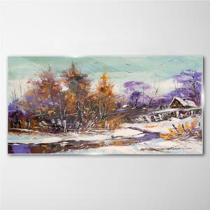 Skleneny obraz Zimné sneh stromy hut rieka