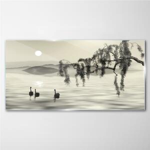 Skleneny obraz Jazero strom zvieracie vták