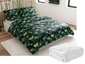 Sada mikroplyšových obliečok YELLOW BUTTERFLY tmavozelené + plachta mikroplyš SOFT 90x200 cm biela, jednolôžko