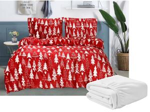 Sada mikroplyšových obliečok CHRISTMAS TREES červené + plachta mikroplyš SOFT 180x200 cm biela, dvojlôžko