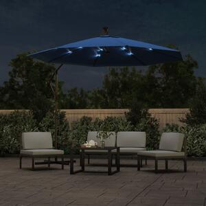 Závesný záhradný slnečník s LED, oceľová tyč 300 cm, azúrový