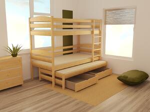 Detská poschodová posteľ s prístelkou z MASÍVU 200x90cm so zásuvkou - PPV016