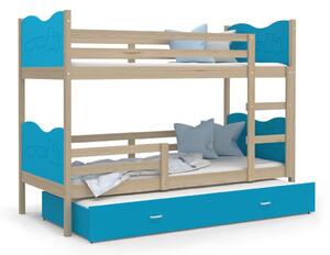 Detská poschodová posteľ s prístelkou MAX Q - 190x80 cm - modrá / borovica - vláčik