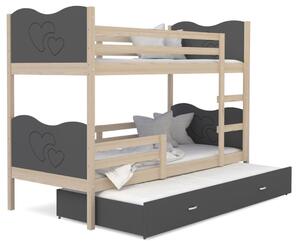 Detská poschodová posteľ s prístelkou MAX Q - 190x80 cm - sivá / borovica - srdiečka