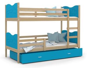 Detská poschodová posteľ so zásuvkou MAX R - 160x80 cm - modrá / borovica - vláčik