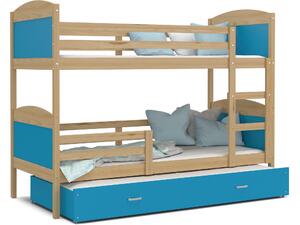 Detská poschodová posteľ s prístelkou MATTEO - 200x90 cm - modrá / borovica