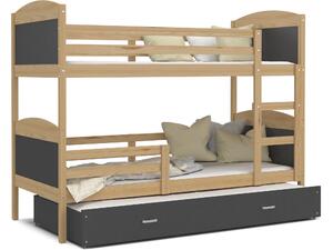 Detská poschodová posteľ s prístelkou MATTEO - 190x80 cm - sivá / borovica