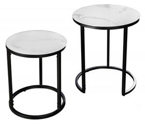 Príručný stolík okrúhly Elegance sada 2 ks mramorový vzhľad biely, čierny rám