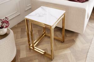 Príručný stolík Elegance sada 2ks mramorový vzhľad biely, zlatý rám