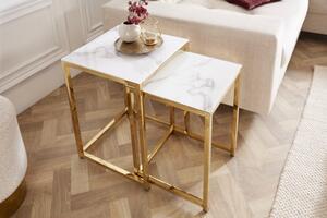 Príručný stolík Elegance sada 2ks mramorový vzhľad biely, zlatý rám