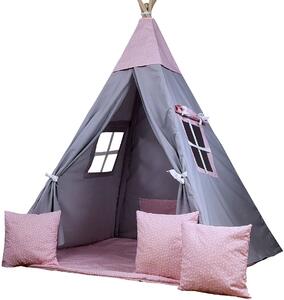 Detský stan TEEPEE (TÍPÍ) SRDIEČKA s doplnkami - sivý / svetlo ružový