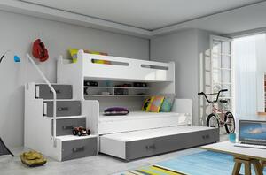 Detská poschodová posteľ s rozšíreným spodným lôžkom a prístelkou MAXÍK 3 bielo-šedá - 200x120 cm + matrac ZADARMO