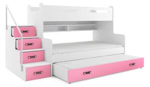 Detská poschodová posteľ s rozšíreným spodným lôžkom a prístelkou MAXÍK 3 bielo-ružová- 200x120 cm