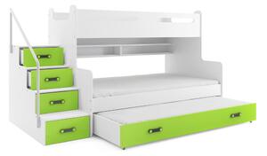Detská poschodová posteľ s rozšíreným spodným lôžkom a prístelkou MAXÍK 3 bielo-zelená - 200x120 cm