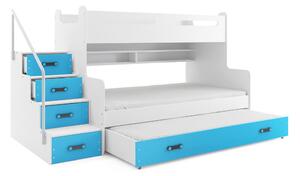 Detská poschodová posteľ s rozšíreným spodným lôžkom a prístelkou MAXÍK 3 bielo-modrá- 200x120 cm + matrac ZADARMO