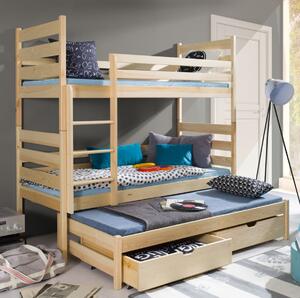 Detská poschodová posteľ z masívu borovice TEODOR s prístelkou a šuplíky - 200x90 cm - prírodná