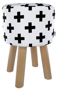 DEKOORI - Drevená taburetka, okrúhly puf DEKORIKO, bielo-čierny vzor KRÍŽIK