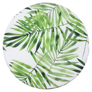 DEKOORI - Drevená taburetka, okrúhly puf DEKORIKO, zelené listy paprade, RASTLINNÝ vzor