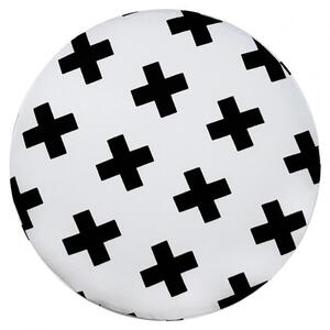 DEKOORI - Drevená taburetka, okrúhly puf DEKORIKO, bielo-čierny vzor KRÍŽIK