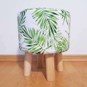 DEKOORI - Drevená taburetka, okrúhly puf DEKORIKO, zelené listy paprade, RASTLINNÝ vzor