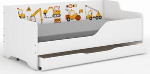 Detská posteľ LOLA - STAVEBNÉ STROJE 160x80 cm - grafika na bočnici