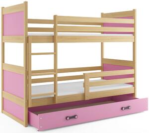 BMS Detská poschodová posteľ s úložným priestorom RICO borovica Veľkosť spacej plochy: 190x80 cm, Doplňujúca farba postele: Ružová
