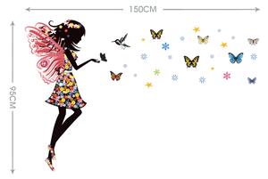 Samolepka na stenu "Víla s motýľmi a kolibríkom" 95x150 cm