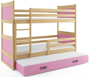 Detská poschodová posteľ s prístelkou RICO 3 | borovica 80 x 160 cm Farba: Ružová