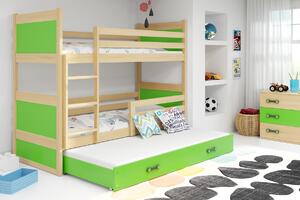 BMS Detská poschodová posteľ s prístelkou RICO borovica Veľkosť spacej plochy: 190x80 cm, Doplňujúca farba postele: Zelená