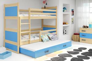 BMS Detská poschodová posteľ s prístelkou RICO borovica Veľkosť spacej plochy: 200x90 cm, Doplňujúca farba postele: Modrá