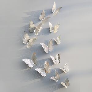 Samolepka na stenu "Metalické Motýle - Strieborné“ 12 ks 8-12 cm
