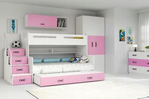 MAX 3 - Poschodová posteľ (rozšírená) s prístelkou - 200x120cm - Biely - Ružový (MAX 3 s prístelkou)