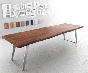 DELIFE Jedálenský stôl Edge 300x100 cm XL akácia hnedá nerezová oceľ strieborná skosený Live-Edge