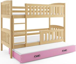 Detská poschodová posteľ s prístelkou KUBUŠ 3 | borovica Farba: Borovica / ružová, Rozmer.: 190 x 80 cm