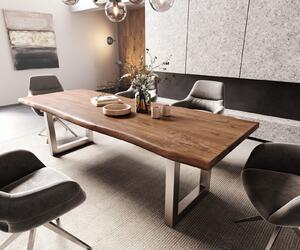 DELIFE Jedálenský stôl Edge 260x100 XL akácia hnedá nerezová oceľ široký Live-Edge