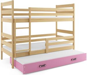 Detská poschodová posteľ s prístelkou ERYK 3 | borovica Farba: Borovica / ružová, Rozmer.: 200 x 90 cm