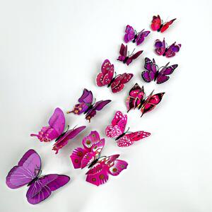 Samolepka na stenu "Realistické plastové 3D Motýle s dvojitými krídlami - fialové" 12ks 6-12 cm