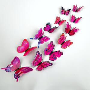 Samolepka na stenu "Realistické plastové 3D Motýle s dvojitými krídlami - ružové" 12ks 6-12 cm