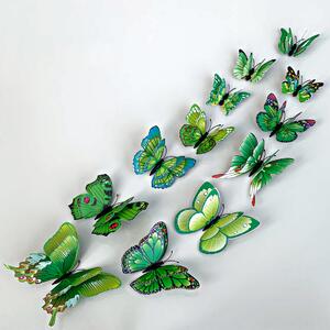 Samolepka na stenu "Realistické plastové 3D Motýle s dvojitými krídlami - zelené" 12ks 6-12 cm