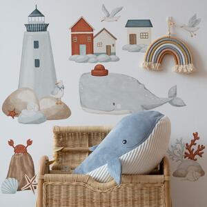 Detská nálepka na stenu Sea voyage - maják, domčeky a veľryba