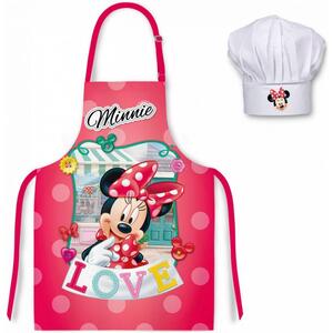 Detská / dievčenská zástera s kuchárskou čiapkou Minnie Mouse - Disney - motív LOVE - pre deti 3 - 8 rokov