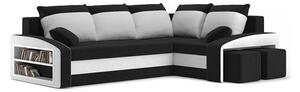 Rozkladacia rohová sedacia súprava s taburetkami a poličkou GRANDE Pravá Čierna/biela