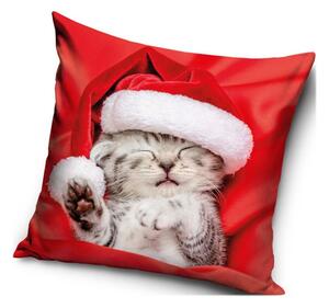 Vianočná obliečka na vankúš - motív Spiace mačiatko - 40 x 40 cm