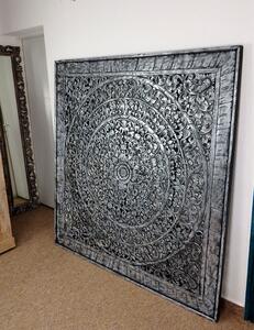 Dekorácia na stenu MANDALA, strieborná čierna, drevo, ručná práca 160x160cm