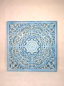 Dekorácia na stenu MANDALA modrá bledá, exotické drevo, ručná práca, 110x110 cm