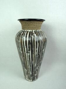Váza BAMBOO I - tmavá hnedá,60 cm, ručná práca, keramika a pravé listy