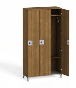 Drevená šatníková skrinka na nohách, 3 dvere, 1750 x 900 x 400 mm, otočný zámok, orech